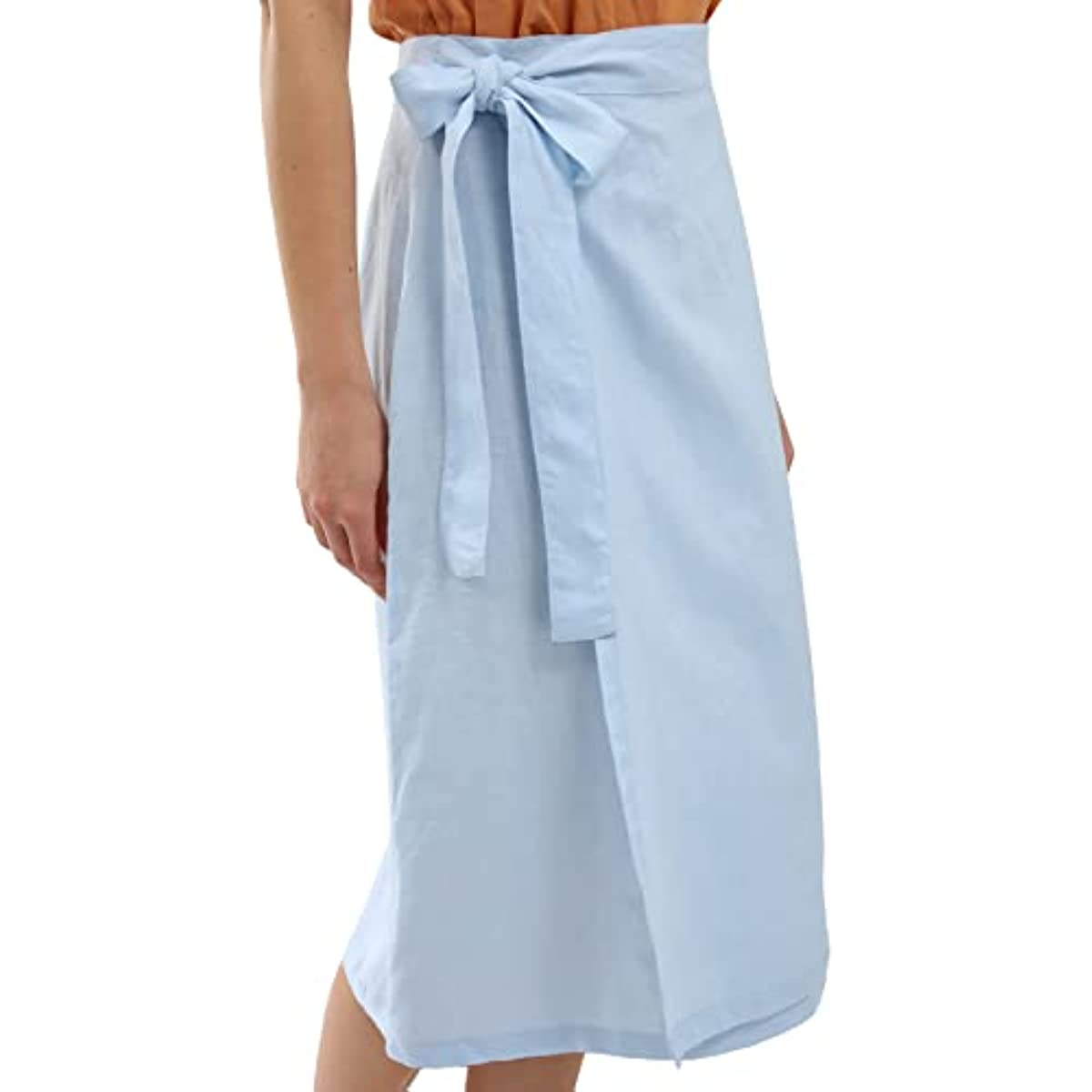 Amazhiyu Womens Pure Linen Summer Beach Midi Side Wrap Slit Skirt Cau
