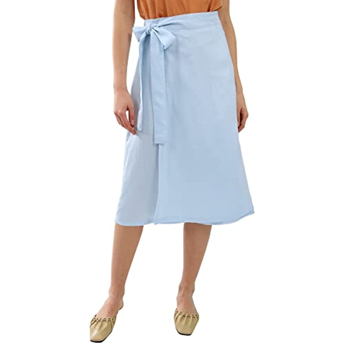 Amazhiyu Womens Pure Linen Midi Wrap Slit Skirt