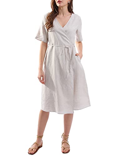 Womens Pure Linen Summer Short Sleeve Wrap Midi Dresses