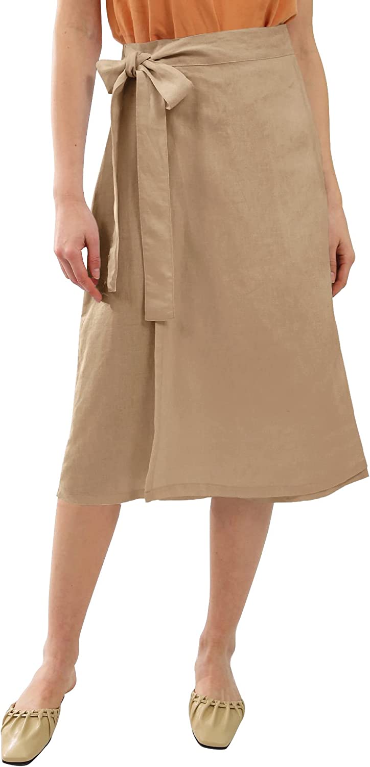 Amazhiyu Womens Pure Linen Midi Wrap Slit Skirt