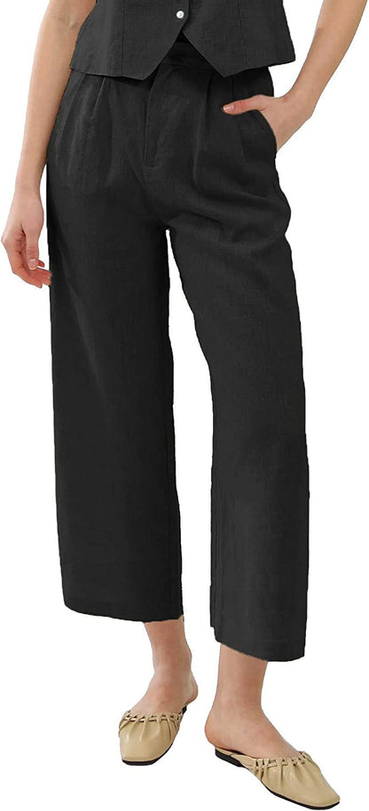 Amazhiyu Womens Pure Linen Pleated Front Ankle Pants