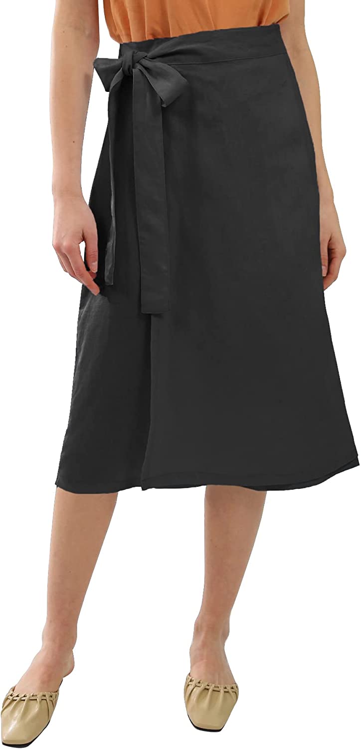 Amazhiyu Womens Pure Linen Midi Wrap Slit Skirt