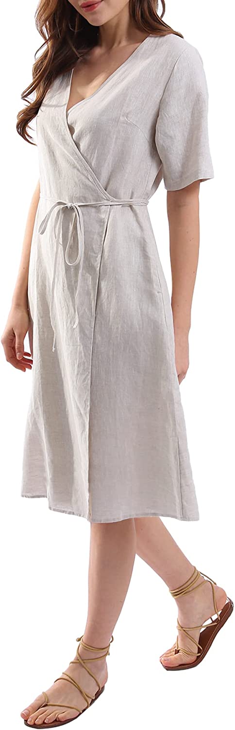 Womens Pure Linen Summer Short Sleeve Wrap Midi Dresses