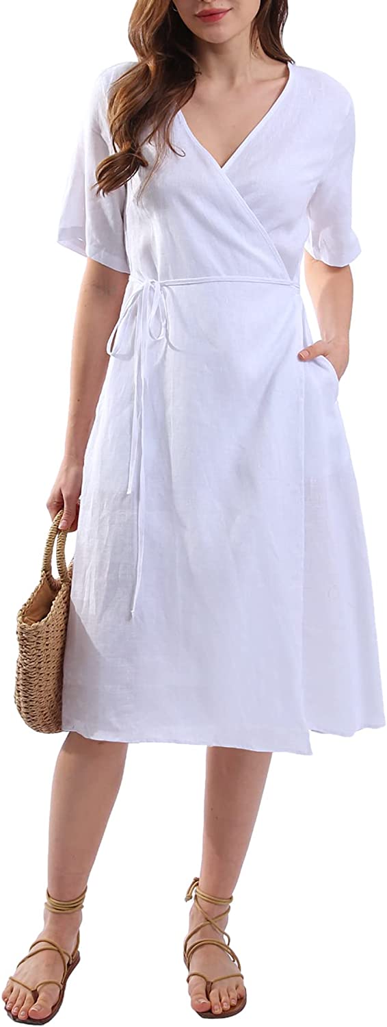 Womens Pure Linen Summer Short Sleeve Wrap Midi Dresses