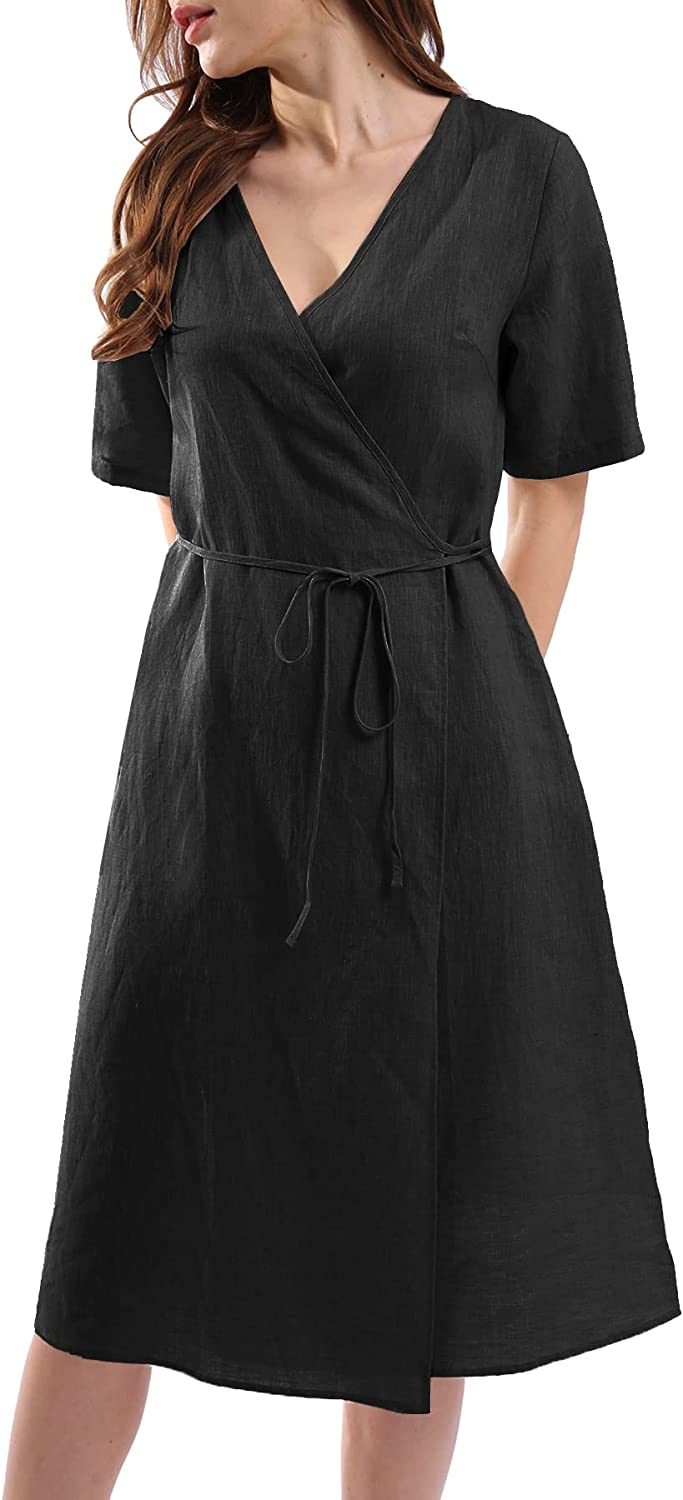 Womens Pure Linen Summer Short Sleeve Wrap Midi Dresses