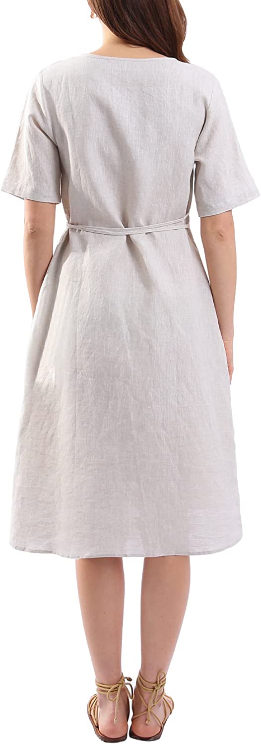 Womens Pure Linen Summer Short Sleeve Wrap Midi Dresses