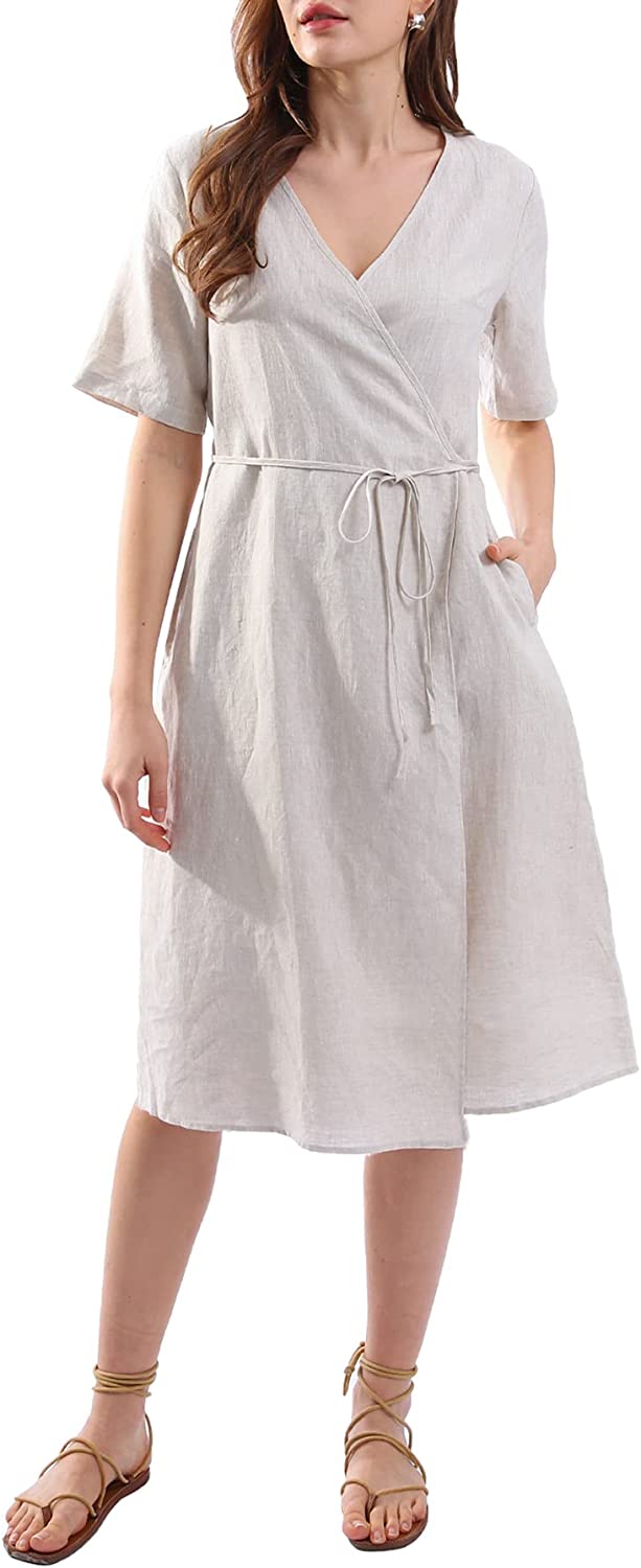 Womens Pure Linen Summer Short Sleeve Wrap Midi Dresses