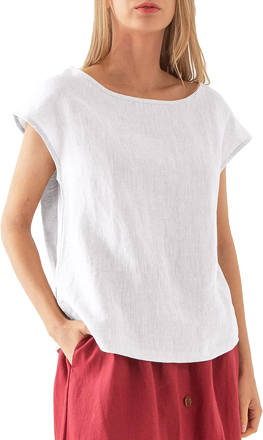 Amazhiyu Womens Pure Linen Casual Cap Sleeve Tops