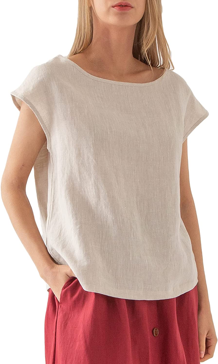 Amazhiyu Womens Pure Linen Casual Cap Sleeve Tops