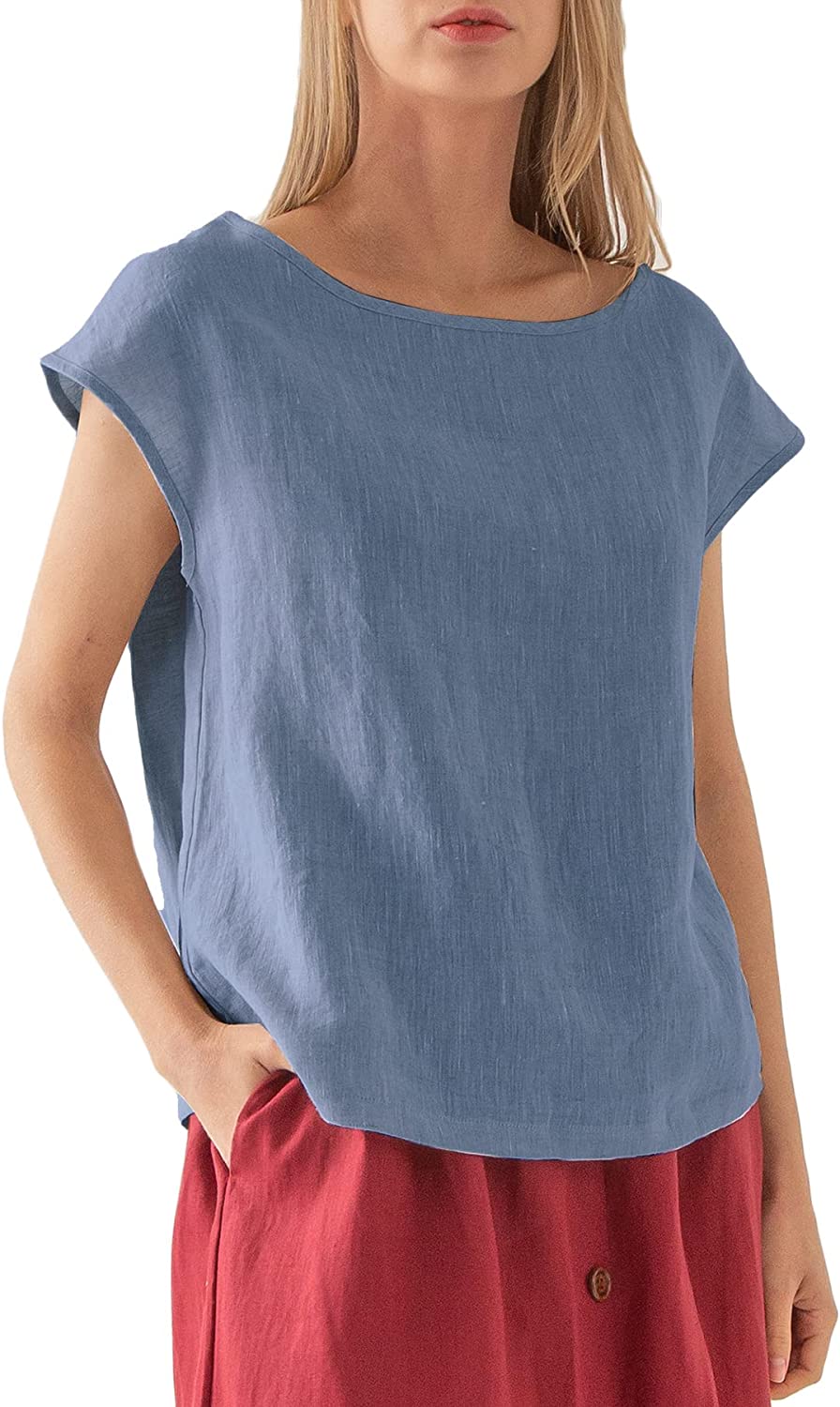 Amazhiyu Womens Pure Linen Casual Cap Sleeve Tops